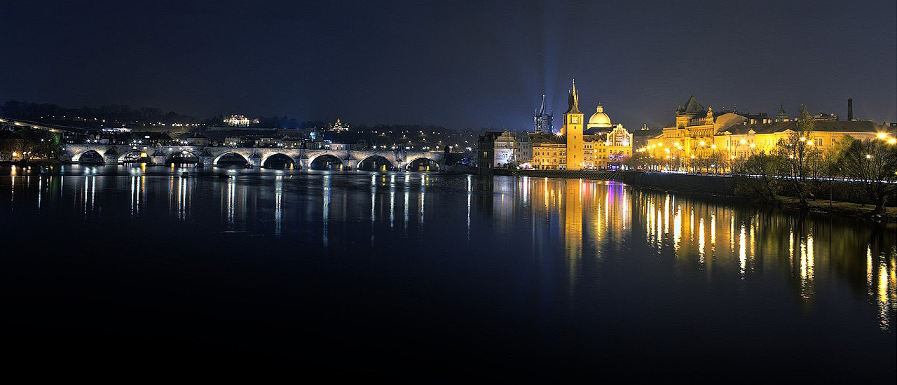 Night flight over Prague