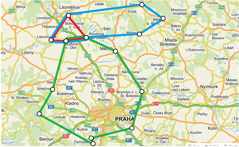 Route map of air tours in Prague, an unusual excursion by private plane